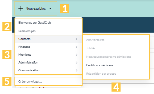 Le menu « Nouveau bloc » ouvert sur la catégorie Contacts