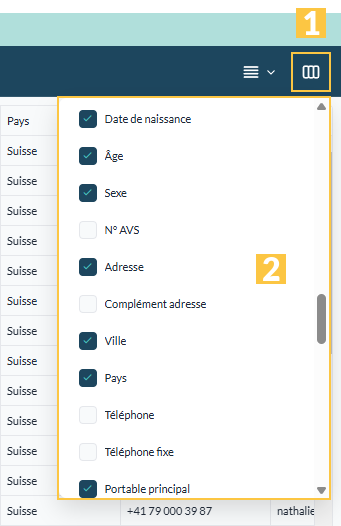 Liste des colonnes à afficher