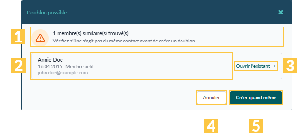 Fenêtre « Doublon possible » à l'enregistrement