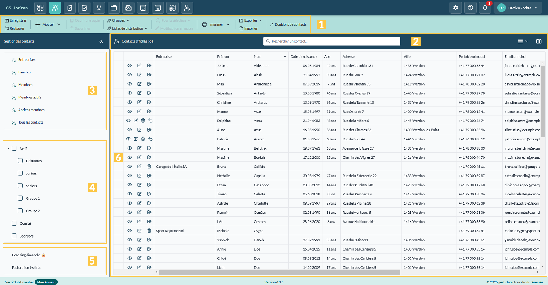 Espace de travail du module Contacts