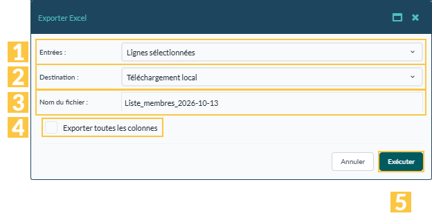 Fenêtre « Exporter Excel »
