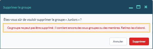 Fenêtre « Supprimer le groupe » avec le message de refus