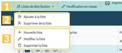 Menu « Listes de distribution » de la barre d'outils