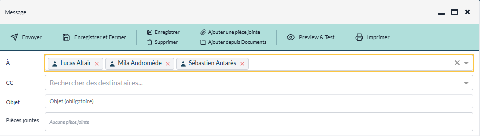 Champ « À » d'un nouveau message, rempli avec la sélection