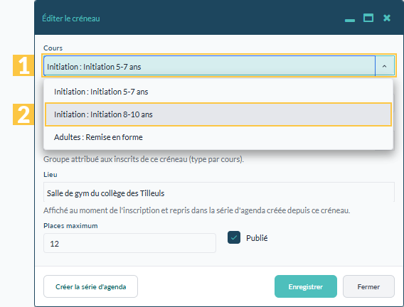 Choisir un autre cours pour un créneau