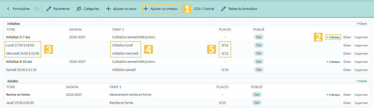 Éditeur d'un formulaire par cours
