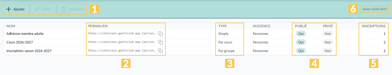 Liste des formulaires