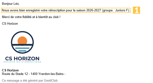 E-mail de confirmation de réinscription