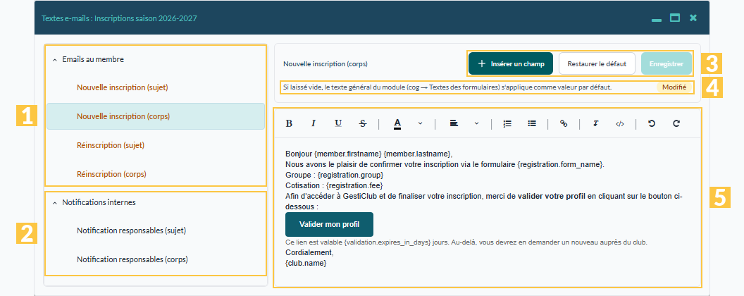 Fenêtre « Textes e-mails »
