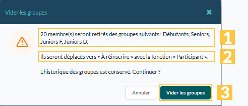 Fenêtre « Vider les groupes »