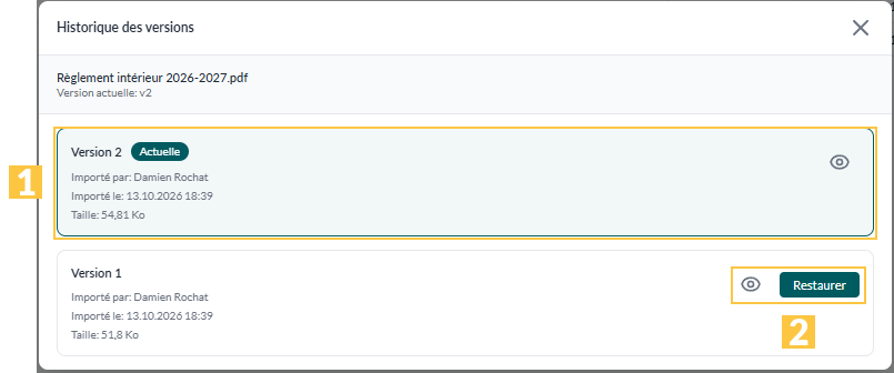 Fenêtre « Historique des versions »