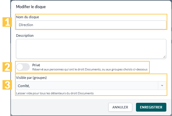 Fenêtre « Modifier le disque »