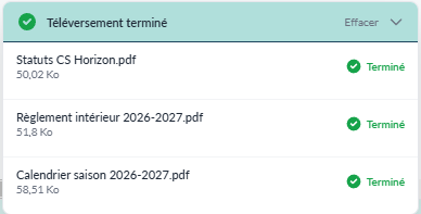 Panneau « Téléversement terminé »