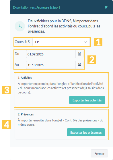 La fenêtre « Exportation vers Jeunesse & Sport »