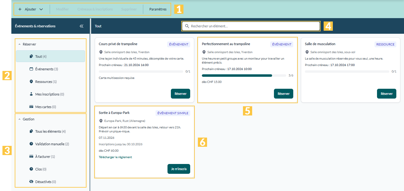 L'espace de travail Événements & réservations