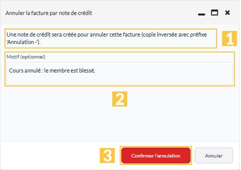 La fenêtre « Annuler la facture par note de crédit »