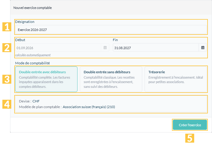 L'assistant « Nouvel exercice comptable » au premier accès