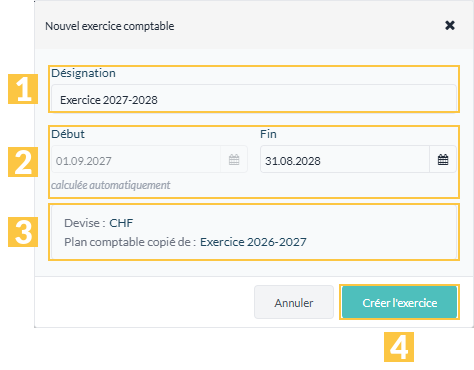 La fenêtre « Nouvel exercice comptable »
