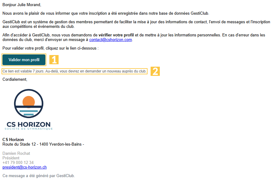 L'e-mail de validation du profil