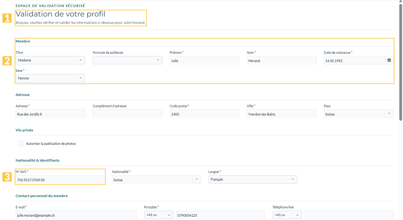 La page de validation, partie haute