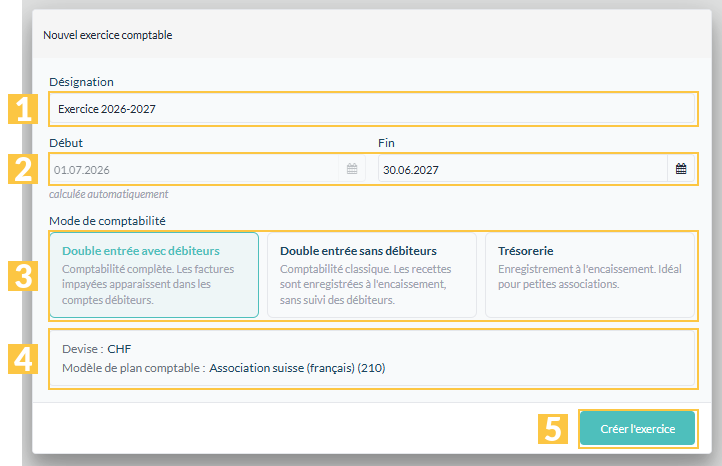 L'assistant « Nouvel exercice comptable »