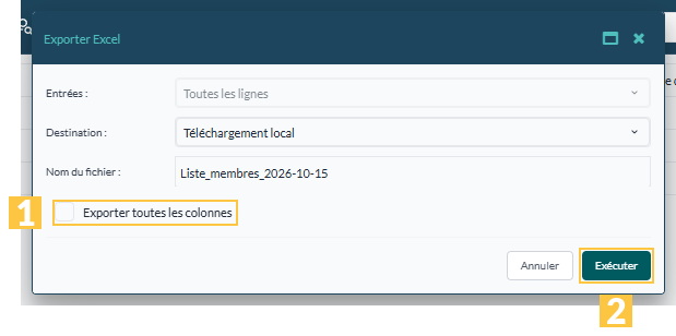 La fenêtre « Exporter Excel »